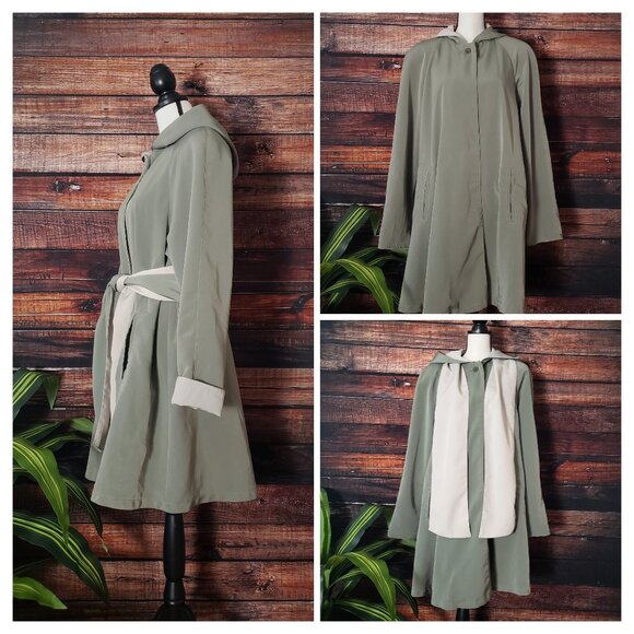 American Bazaar Vintage Coat Jacket L Long Hooded Belted Olive Green Pockets - Picture 1 of 13